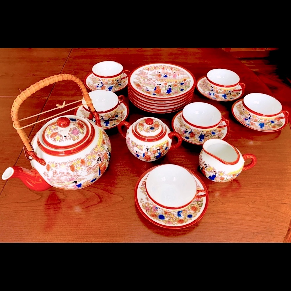 23 piece Japanese Eggshell Porcelain Tea Set cups saucers plates teapot creamer